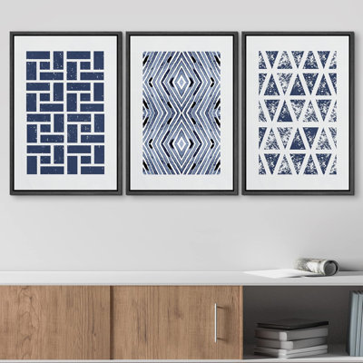 Carré bleu géométrique et formes abstraites à motifs abstraits, art bohémien bleu marine, 3 pièces