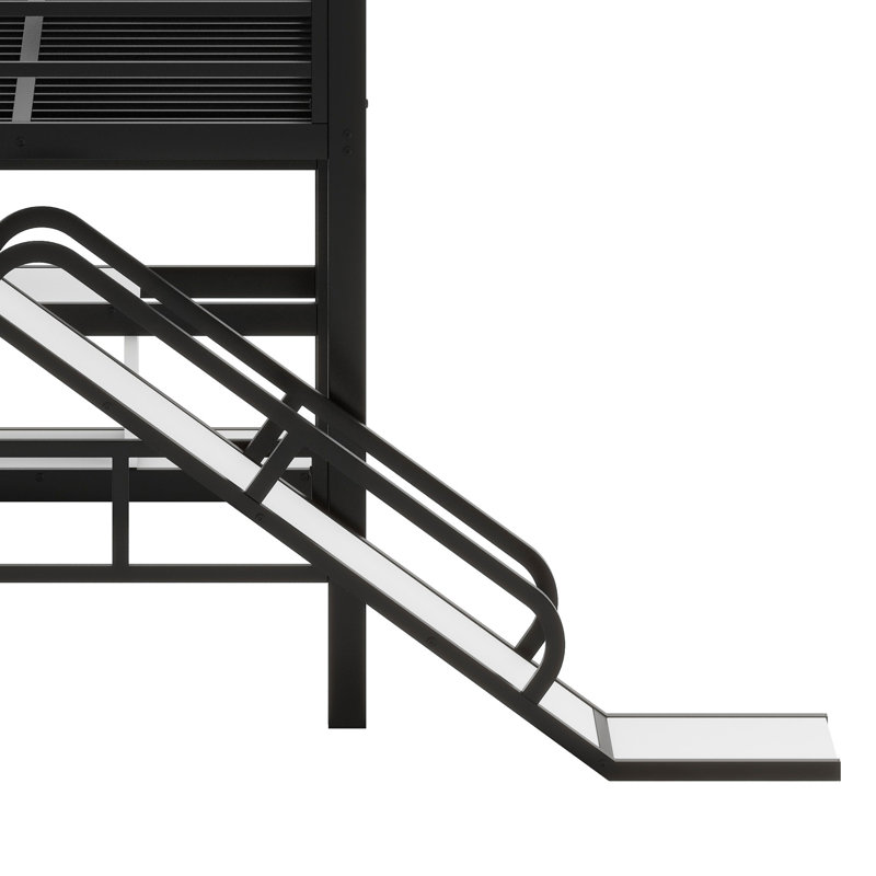Lit mezzanine en forme de maison avec glissade, escalier, tablettes de rangement et conception silencieuse, Noir