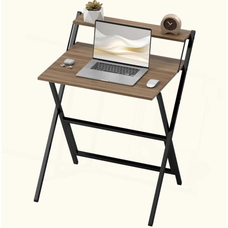 Small Folding Desk, 27.6 Inch Foldable Computer Desk with Monitor Shelf, Space Saving Portable Writing Table for Small Spaces, Home Office, Study, Easy Assembly, Walnut