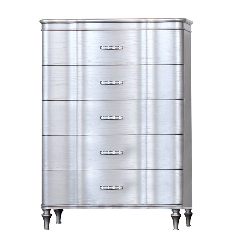 Commode haute 5 tiroirs Eleena, bois massif argenté, métal chromé, Argent argent