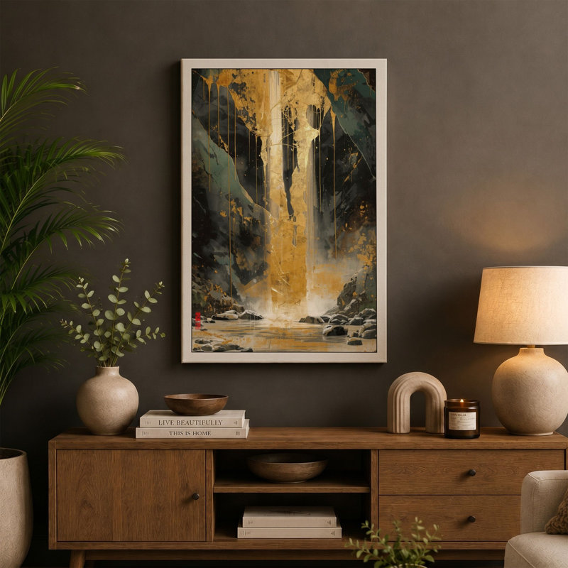 Waterfall in Shadow Landscape - Wrapped Canvas, 30x20 - 76.2 x 50.8 cm, Teal Border