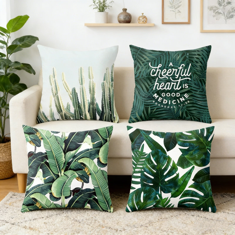 Ensemble de 4 taies d'oreiller épaissies à motif tropical de taie d'oreiller 45 x 45 cm / 17,7 x 17,7 po, Vert Tropical 2