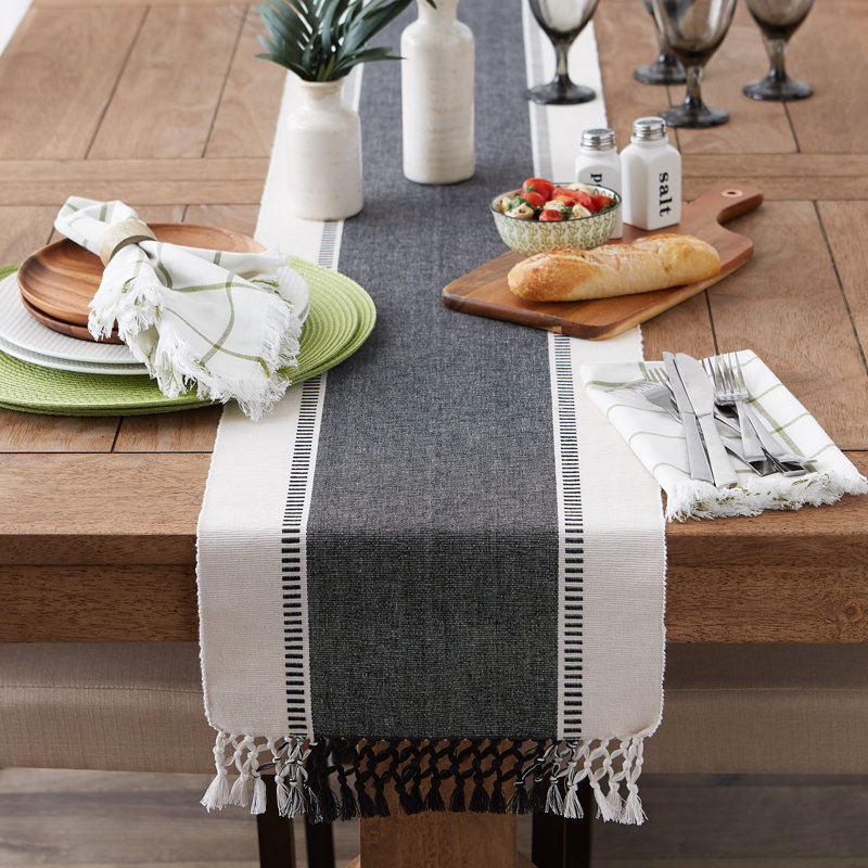 Kizer Striped 100% Cotton Table Runner, 72" x 13", Black