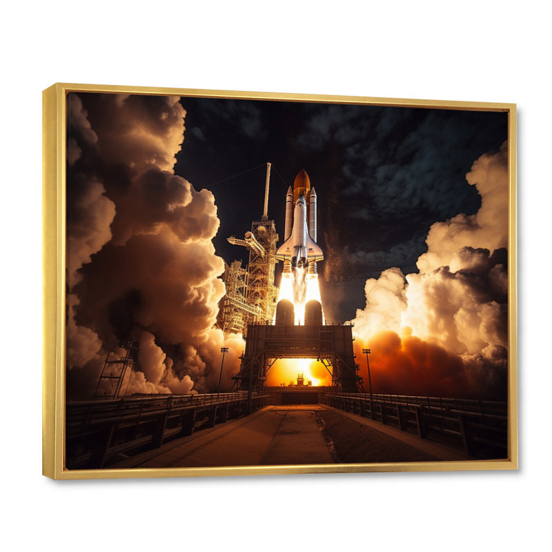 Space Shuttle Captivating Night Launch I - Space Shuttle Wall Decor, H 16 po x l 32 po x P 1 po, Cadre flottant doré