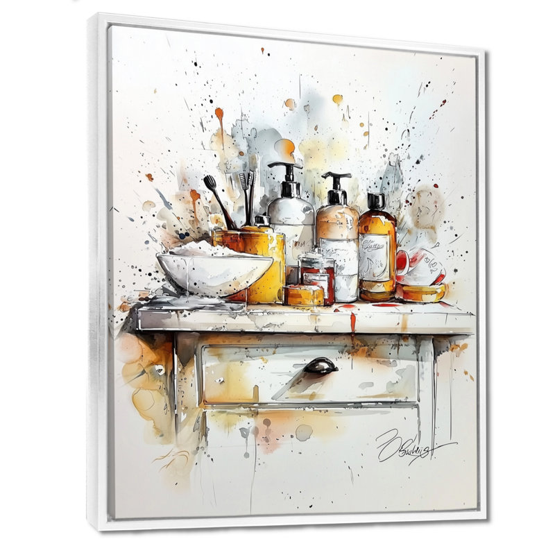 Gris et orange, salle de bain, articles de toilette, reproduction d'art mural, H 32 po x l 24 po, Blanc