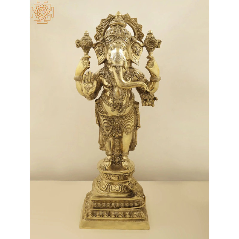 35 po Ganesha debout, majestueux et resplendissant en laiton | Fabriqué à la main | Fabriqué en Inde