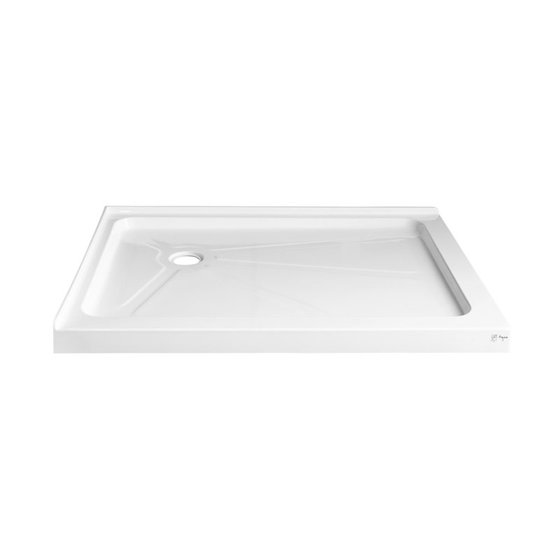 Base de douche de coin en acrylique de 36 po x 48 po Achille-L en blanc avec rebords de remplissage, drain excentré Achille-L