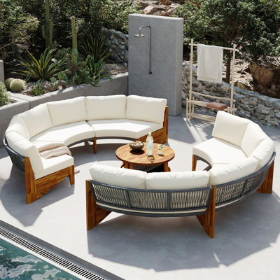 Ensemble de canapés d'extérieur 3 pièces U_Style pour 6, 2 canapés demi-cercle + table basse en bois d'acacia, ensemble de canapé de patio résistant aux intempéries, mobilier de jardin et de cour confortable (ancien sku: WY000428AAA)