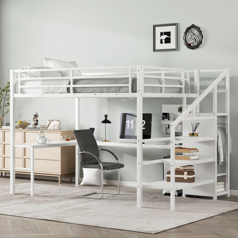 Twin Xl Size Loft Bed With L-Shaped Desk And Usb, Metal Loft Bed With Wardrobe And Adjustable Shelf, High Loft Bed With Led For Kids Teens Adults, White