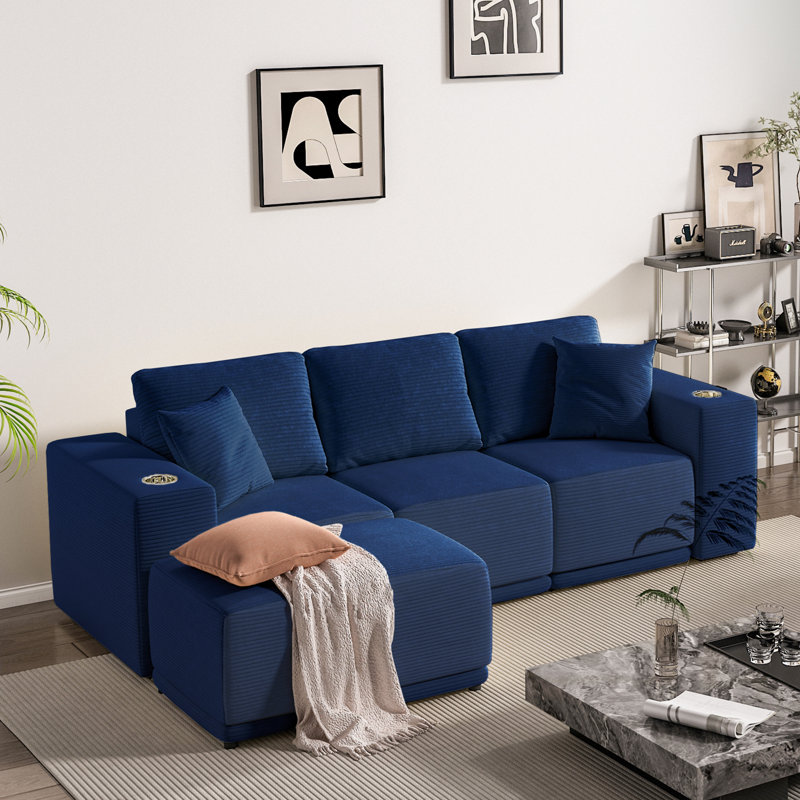 Canapé modulaire en velours côtelé 4 pièces Lesian, Lac bleu