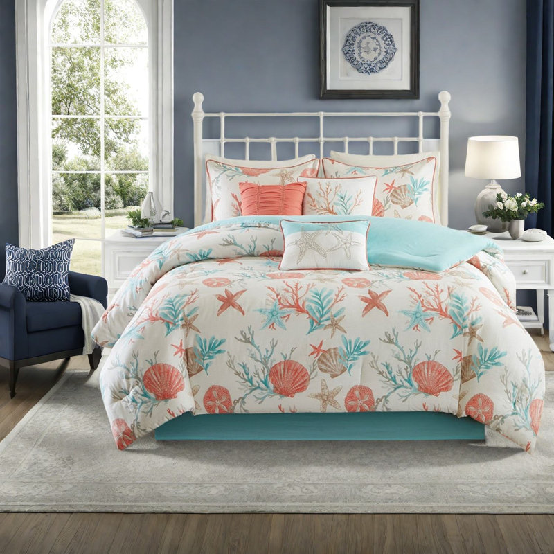 Luxurious 7-piece Cotton Sateen Bedding Set, Coral Coastal Style For Modern Homes