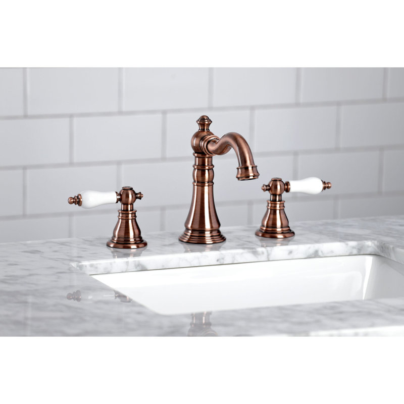 Kingston Brass American Patriot Two-Handle 3-Hole Deck Mount Widespread Bathroom Faucet with Pop-Up Drain, Antique Copper