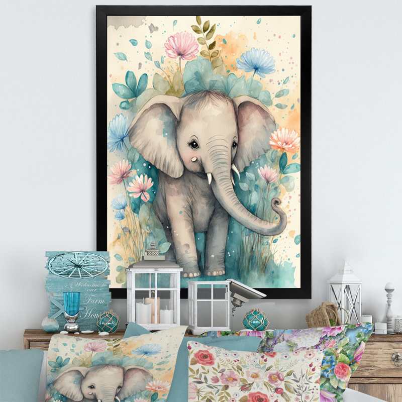 Mignon petit bébé éléphant dans les fleurs I - Peinture, art mural, Impression noire sur toile encadrée