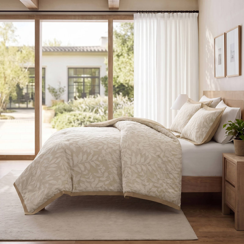 Ensemble de couette 3 pièces Solace Leaf Beige en mélange de coton, motif jacquard botanique, taille King/Cal King