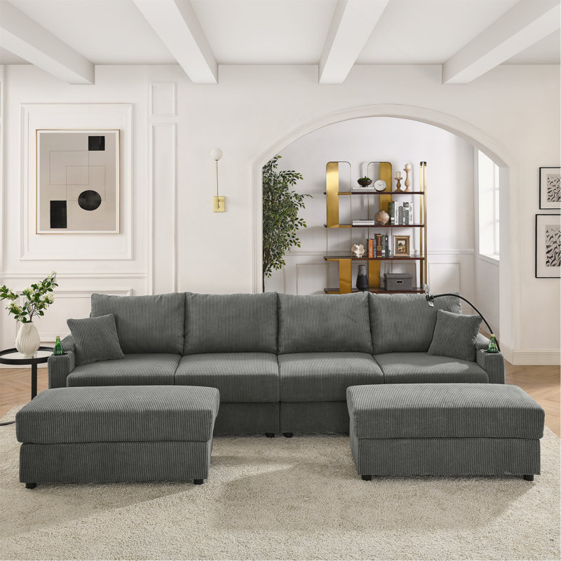 Canapé moderne en U avec 4 sièges et rangement, avec 2 repose-pieds, canapé à siège profond avec porte-gobelets et support en téléphone Corduroy pour le salon