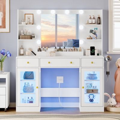47-inch Pink Makeup Vanity Desk with LED Mirror, RGB Glass Cabinet, Power Outlet & 3 Drawers, 3 Lighting Modes