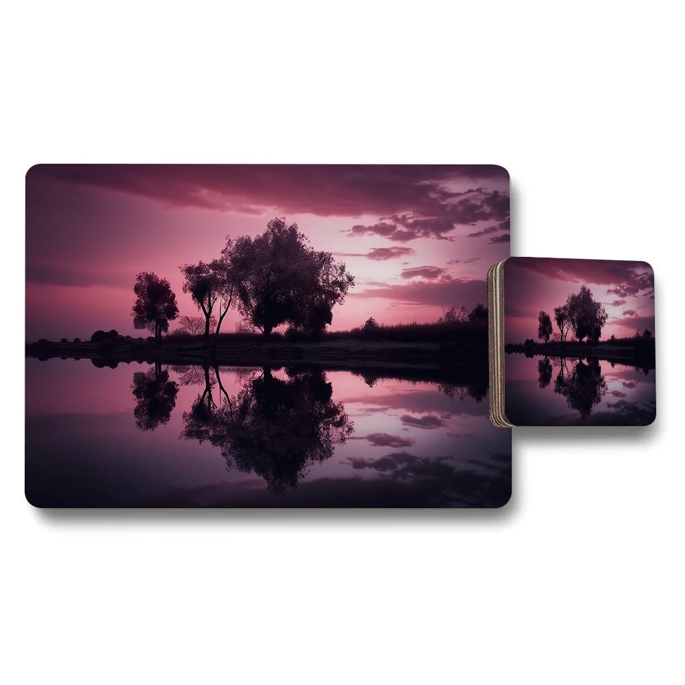 Placemat Coaster Set Purple Sunset Landscape Water Reflection