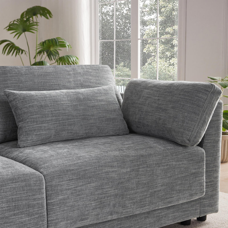 Canapé modulaire en chenille 5 pièces avec console et repose-pieds Epiphany, Gris chenille