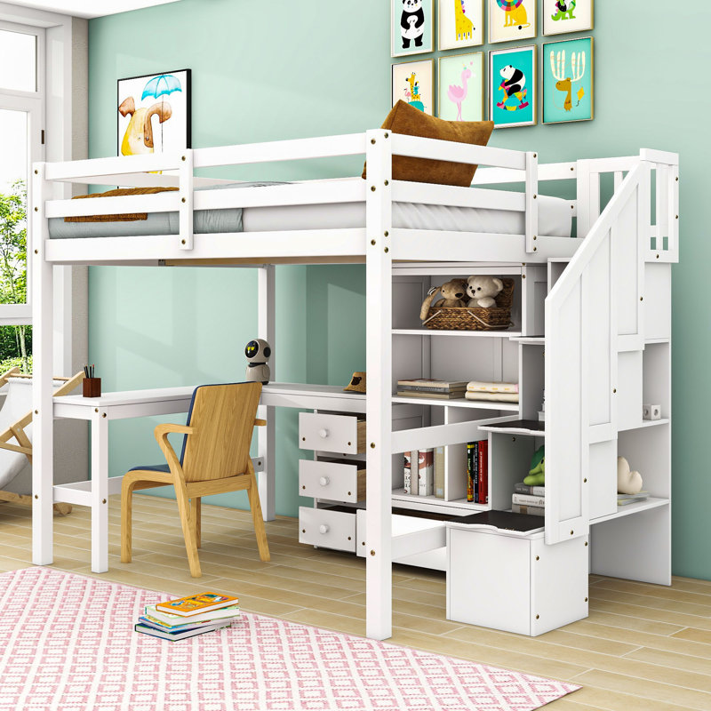 Lit mezzanine double avec bureau en L, escalier de rangement et tiroirs, Blanc
