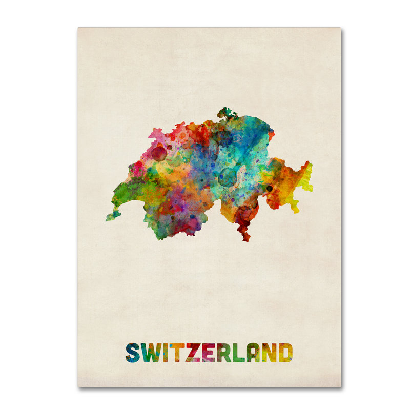 « switzerland aquarelle map », reproduction d’impression sur toile tendue, H 32 po x l 24 po x P 2 po