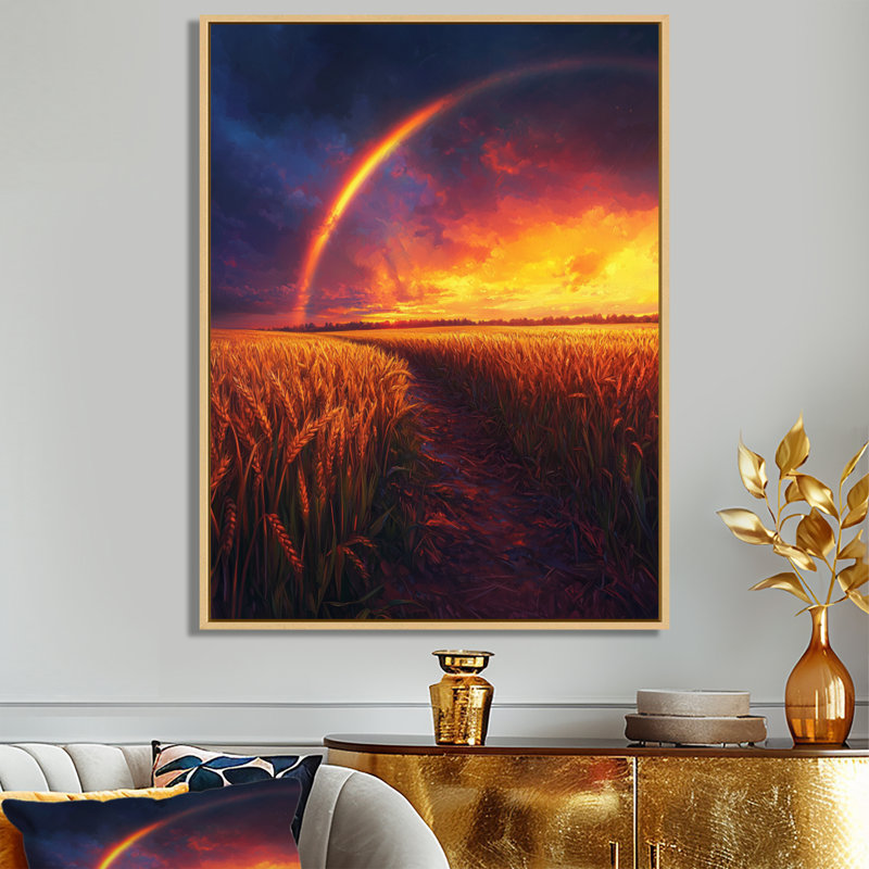 Arc-en-ciel sur les champs de blé au coucher du soleil II - art mural arc-en-ciel, H 40 po x l 30 po, Crème, crème