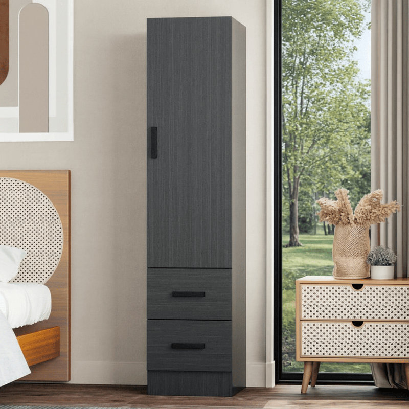  Armoire garde-robe avec 2 tiroirs et une porte pouvant s'ouvrir de la gauche ou de la droite., Noir