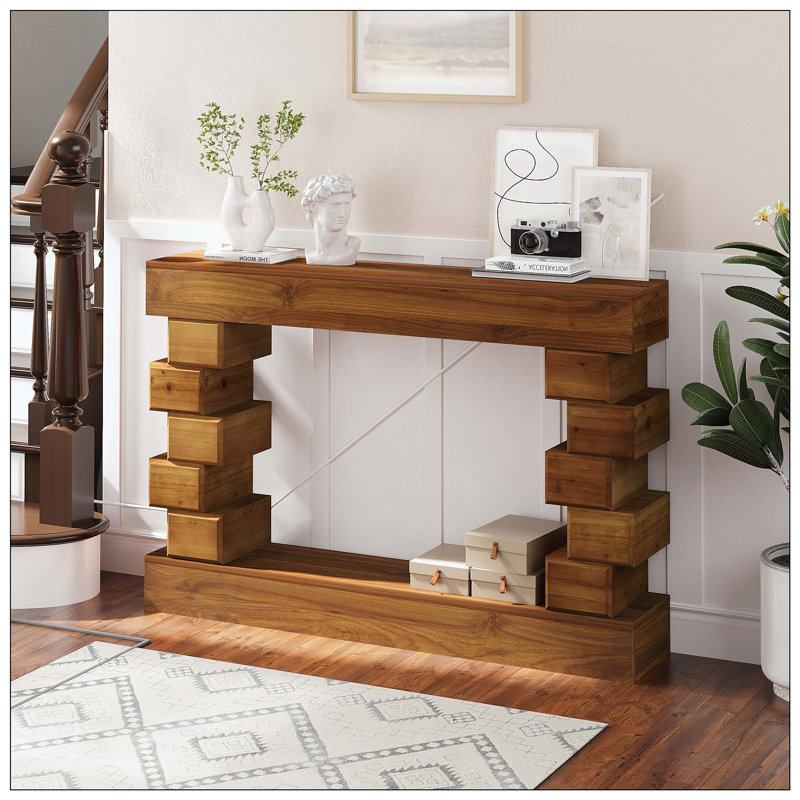 Geometric Block Stacked Wood Console Table