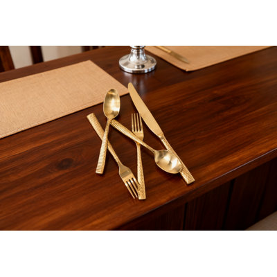 Faceted 18/10 Stainless Steel Flatware Place Setting, 5-Piece Set With Brushed Gold Pvd Finish, Full-Size Heavyweight Utensils For Everyday Dining
