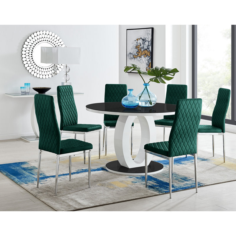 Scottsmoor Modern Halo 6 Seat Round Dining Table Set - Luxury Velvet Dining Chairs, Black, Black, Grey/Gold