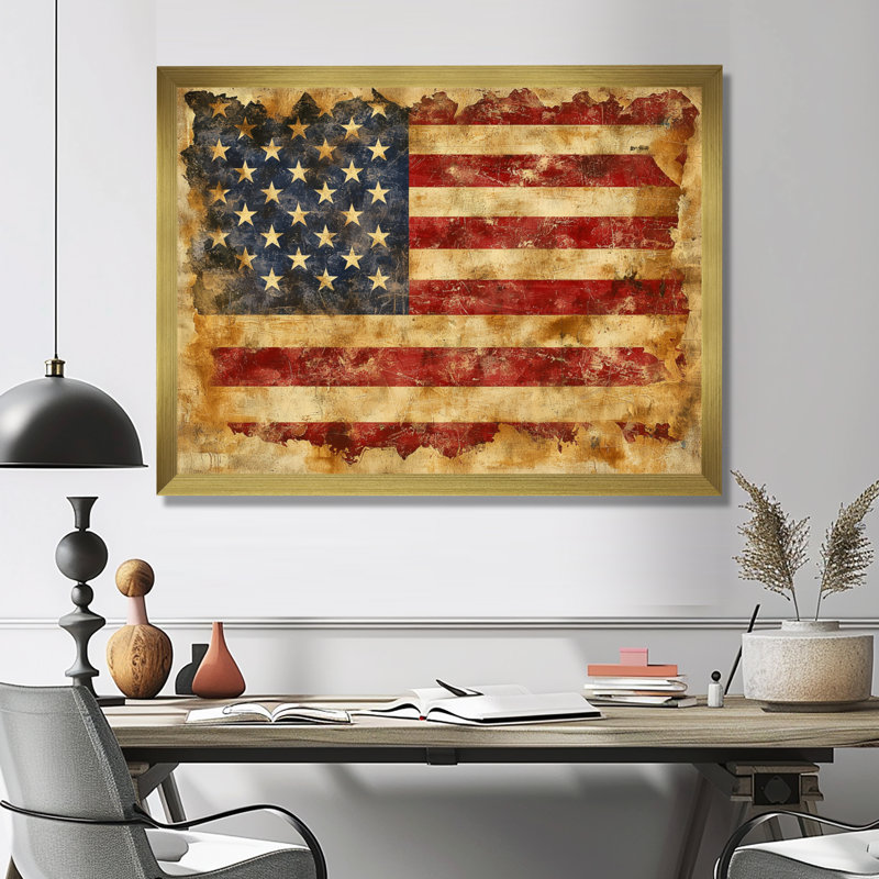 Le drapeau de la Constitution des États-Unis. III - Art mural patriotiste américain, H 12 po x l 20 po, Cadre flottant, Doré