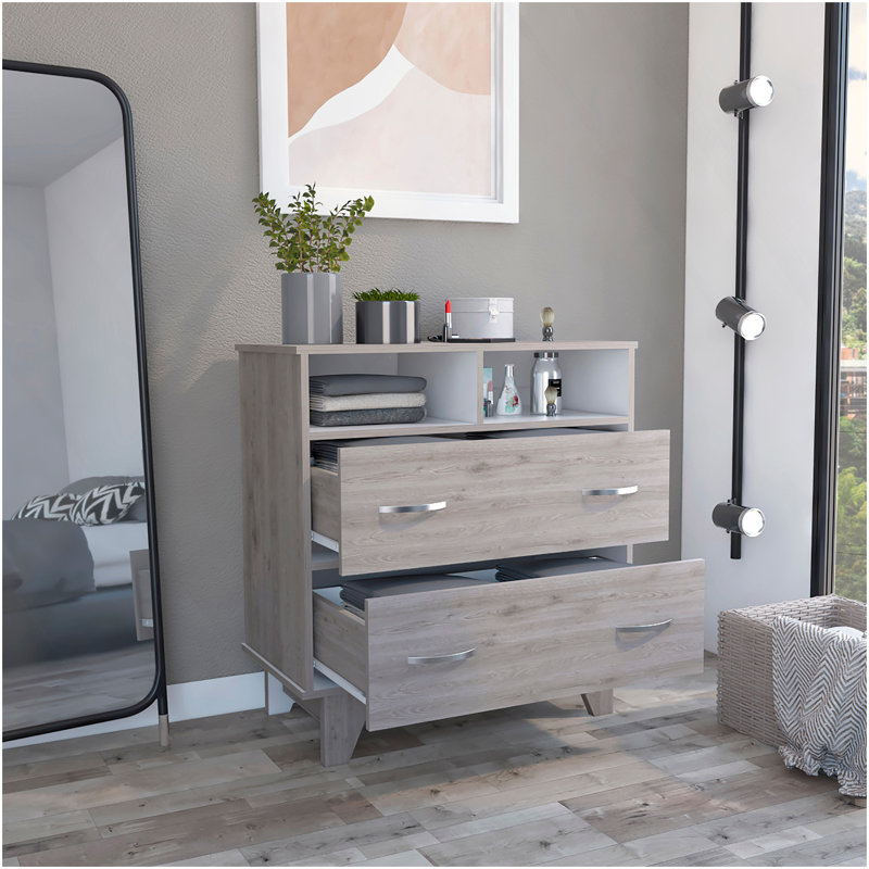 Commode à double tiroir Arabi, chambre, gris clair / blanc, Gris clair