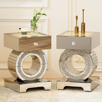 Mirrored End Table with LED Light, Mirrored Nightstand with Large Drawer, Silver Side Table with Crushed Diamonds for Living Room, Bedroom and Office