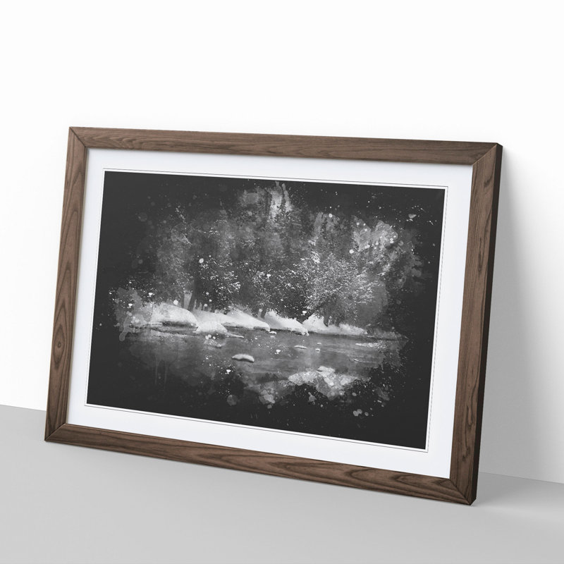 Winter Forest and Lake Paint Splash - Picture Frame Graphic Art, 27cm H x 36cm W x 2cm D, Walnut