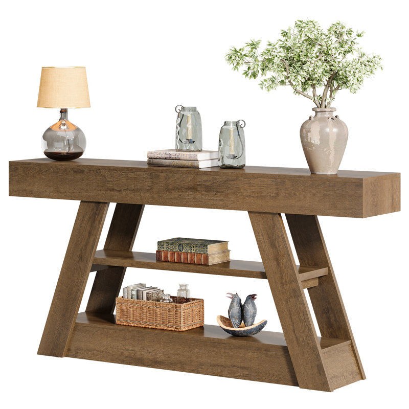 Console de 63 pouces, table d'entrée en bois avec tablettes de rangement