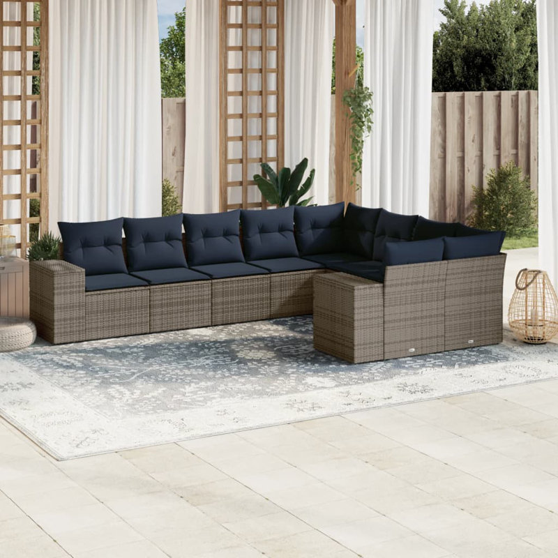 Ensemble de canapé de patio 9 pièces avec coussins en polyester noir Latitude Run®, Coussin bleu marine / structure grise