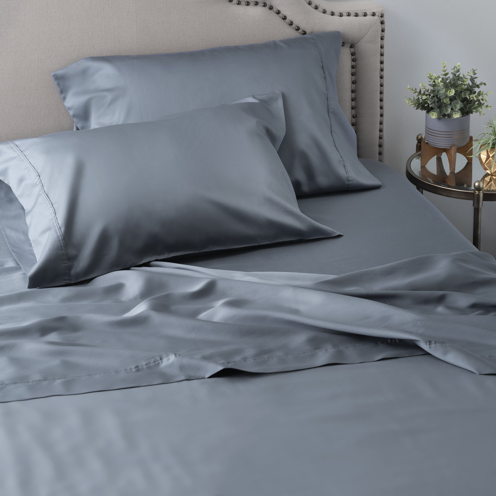 Jasmin Cotton Blend Sateen Sheet Set, Flint Blue, Queen