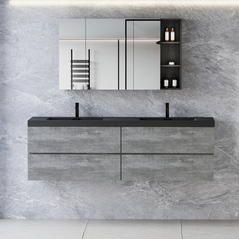 Gazel 72" Fully Assembled Double Floating Vanity Wall-Mounted Bathroom Vanity with 2 Integrated Quartz Sinks, 4 Drawers