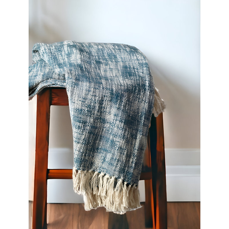 50" X 60" Blue and White Woven Cotton Throw Blanket with Fringe