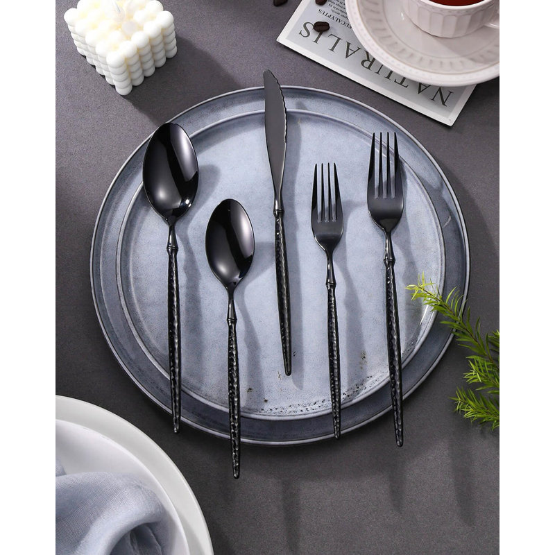 Ensemble de couverts 20 pièces en acier inoxydable pour 4 personnes, couverts forgés 18/10 robustes avec texture martelée, poli miroir, va au lave-vaisselle, comprend des cuillères et des fourchettes