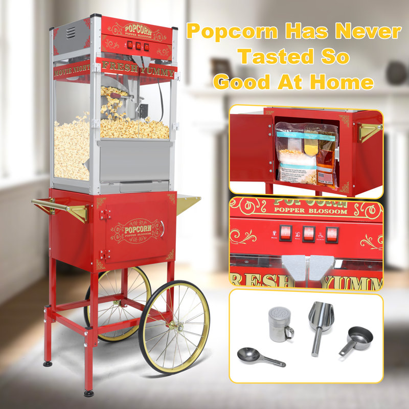 20-Ounce Popcorn Machine Cart Popcorn Cart With Wheels With Stainless Steel Kettle, Movie Theatre Style Popcorn Machine For Party