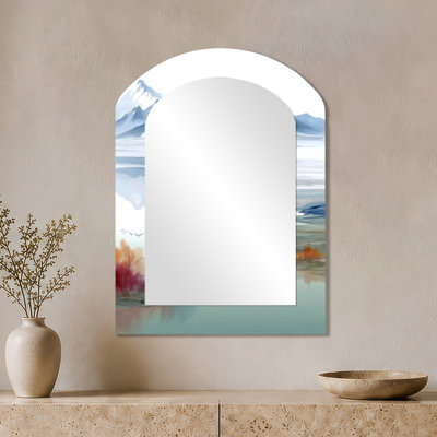 Rustic Decorative Wall Mirror – Serene Landscape with Misty Mountains Fishing II, Metal Print