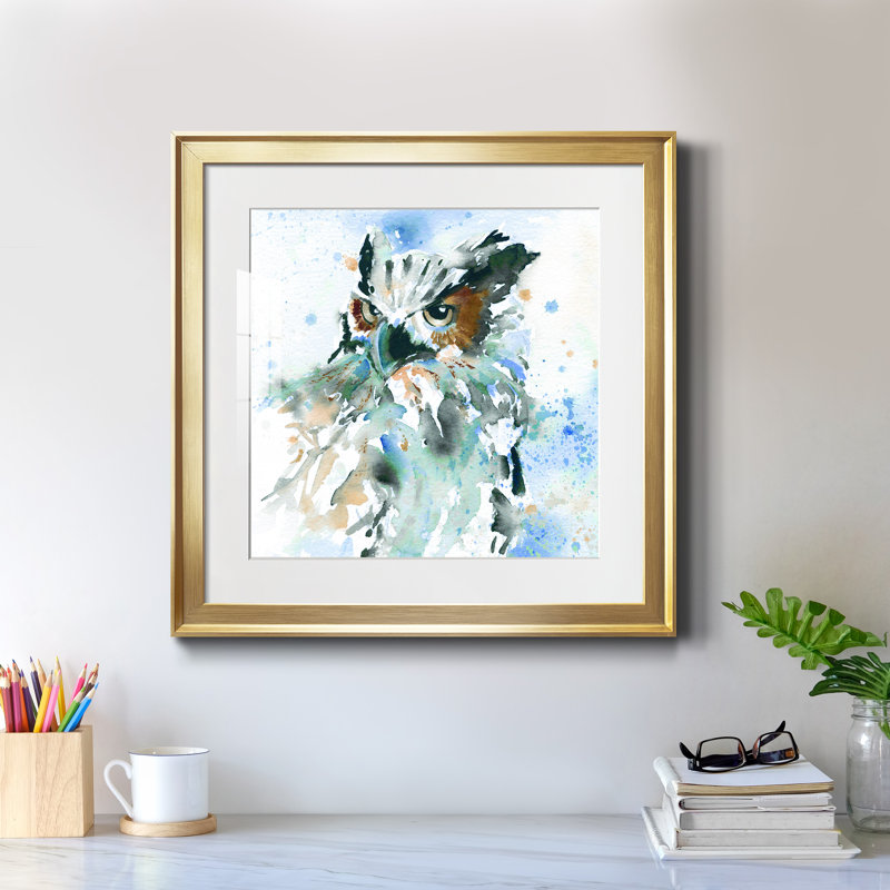 Chouette sur fond bleu - peinture encadrée, Papier encadré doré, H 17,5 po x l 17,5 po x P 1,5 po