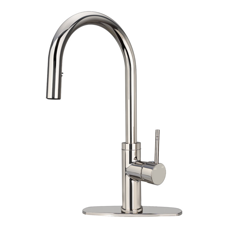 Robinet de cuisine rétractable avec poignée simple et plaque de pont, Nickel poli