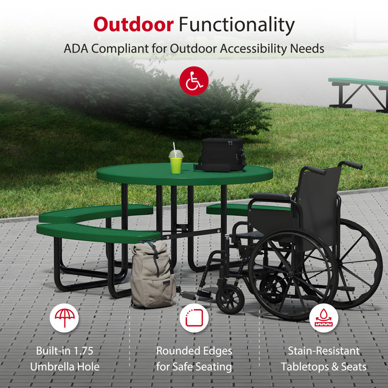 Leisure Craft 46" Round ADA Accessible Outdoor Picnic Table with 3 Bench Seats, Green