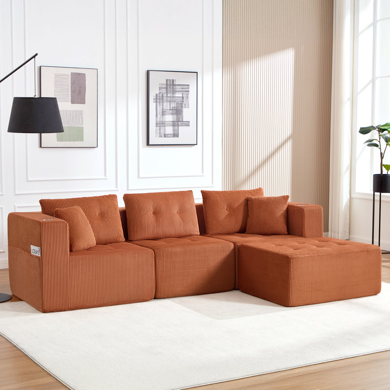 Versatile Boneless 100" W Cloud Sectional Sofa with Cup Holders - No Assembly Required, Perfect for Any Space, Orange