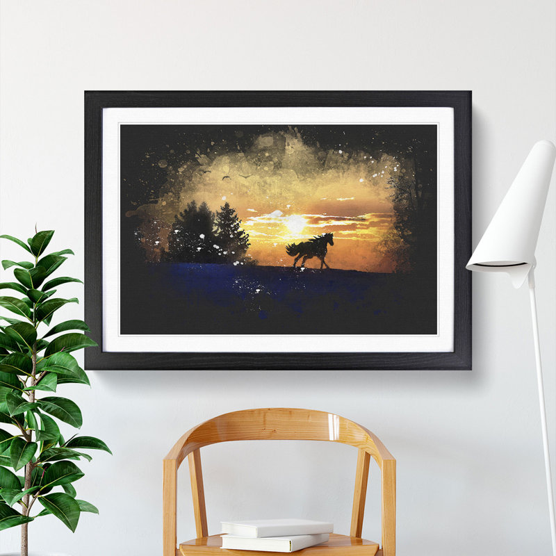 Wild Horse at Sunset Vol.2 Paint Splash - Picture Frame Graphic Art, 36cm H x 48cm W x 2cm D, Black