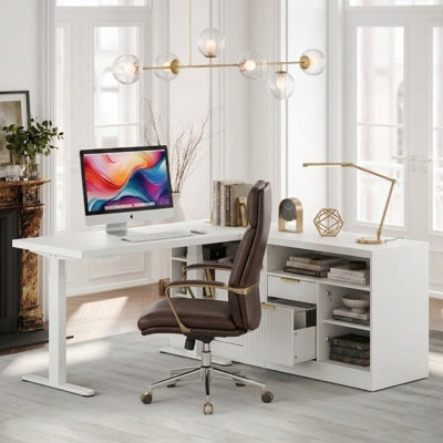 67" L-Shaped Electric Standing Desk With Storage And 2 File Cabinets, Height Adjustable Executive Corner Desk With Built-In Outlets