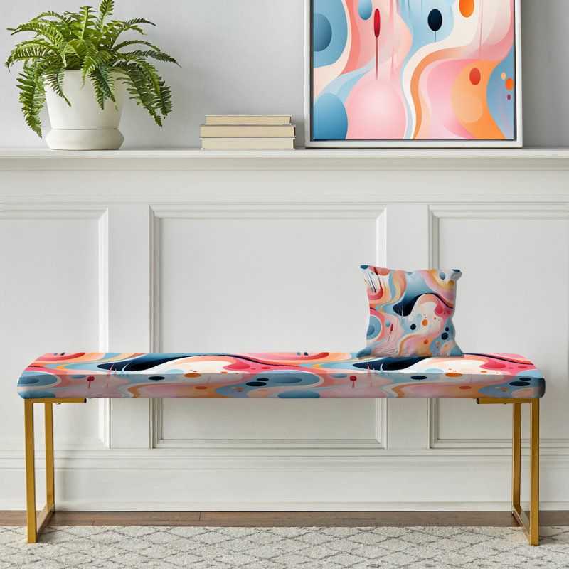 Pink Fusion Abstractions In Motion - Midcentury Upholstered Gold Bench