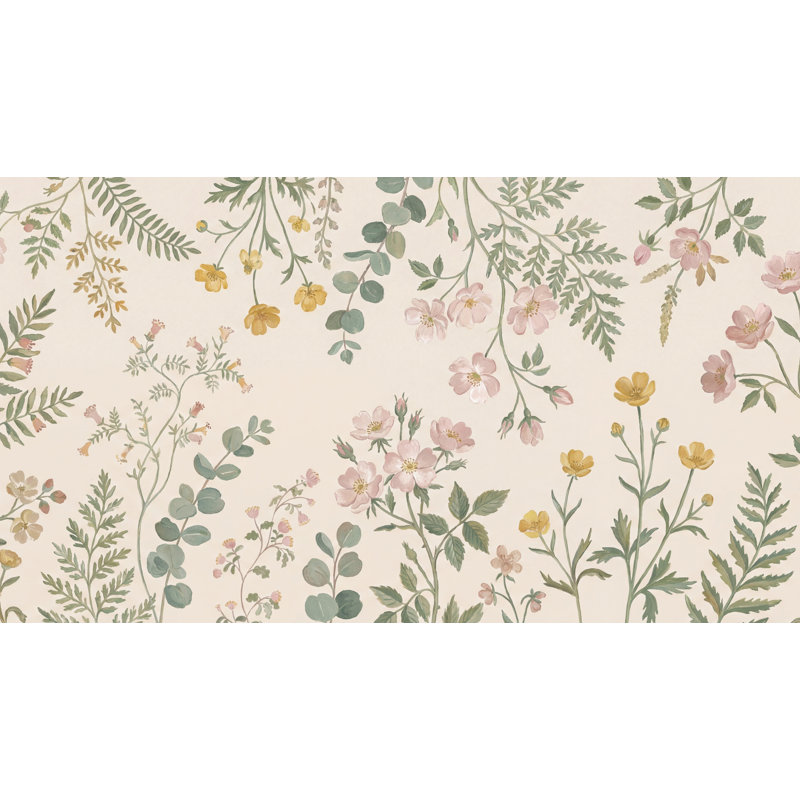 Papier peint botanique aquarelle fleurs sauvages, Texturé non collé, 140 po x 108 po