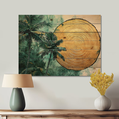 Emerald Palm Trees On Golden Tropical Forest II - Palms & Palm Trees Wood Wall Art